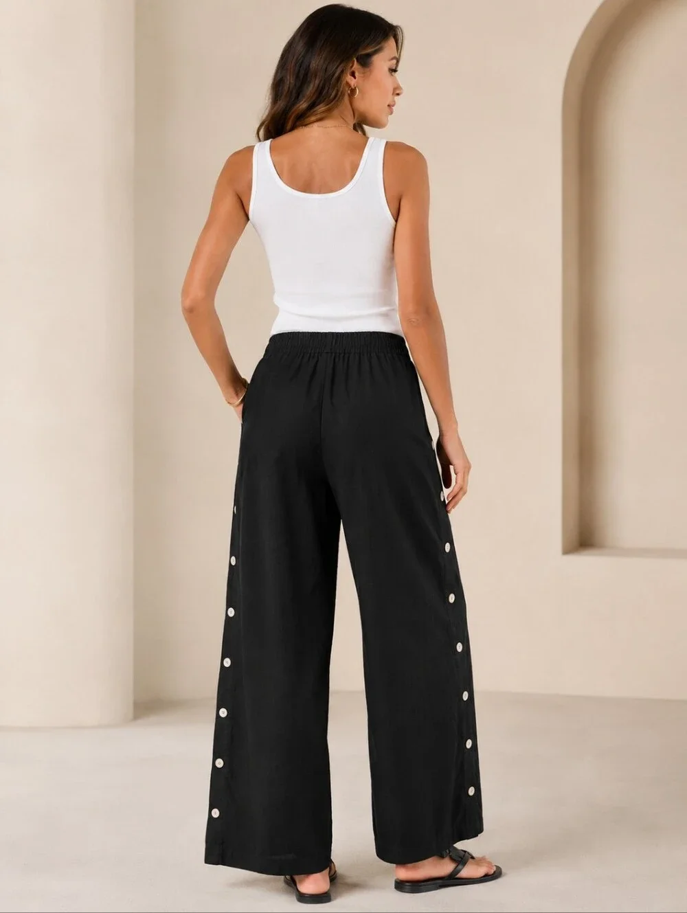 Soft Surroundings Sonoma Black Linen Blend Side Button Wide Leg Pull-On Pants L